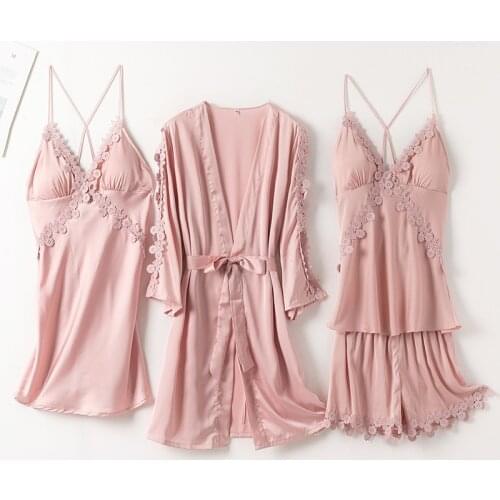 Pyjama Gown Set Women Sleep Suit 4PCS Nightshirts V-Neck Pajamas Silky Sleepwear Spring Nighty Robe Wear Home Negligee Homewear