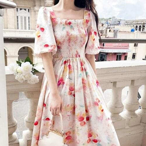 S-xl Summer Women New Retro Chiffon Printed Square collar half Sleeve Folds Floral Plus Size A-line slim Cocktail Dresses 982836
