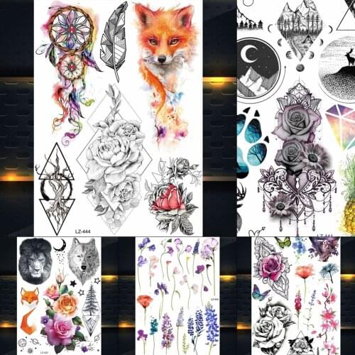 REJASKI Sexy Rose Flower Black Henna Temporary Tattoos Fox for women Sticker Mehndi Fake Tatoos Art Custom Tattoo Dreamcatcher