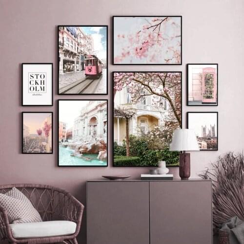 Pink City Building Landscape Tram Flower Wall Art Canvas Painting Nordic Posters And Prints Wall Pictures For Living Room Decor