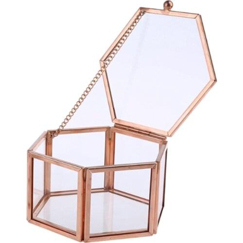 Hexagon Transparent Rose Gold Glass Ring Box Wedding Geometric Jewelry Organizer R2LE