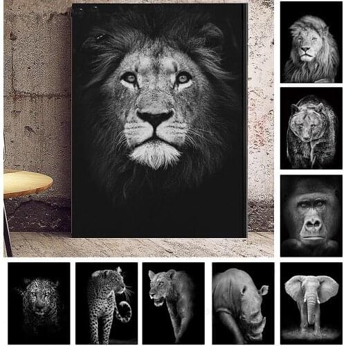 Nordic Animal Canvas Painting Lion Elephant Zebra Black and White Wall Art Poster Home Decoration Living Room Murals Frameless