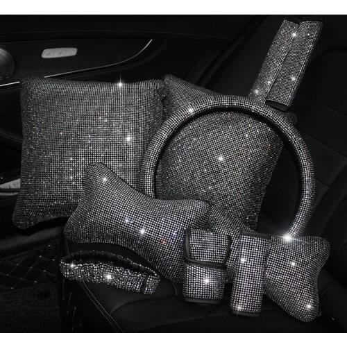 Bling Rhinestones Crystal Car Interior Accessories Diamond Steering Wheel Cover Neck Pillows Waist Support Handbrake Shift Set