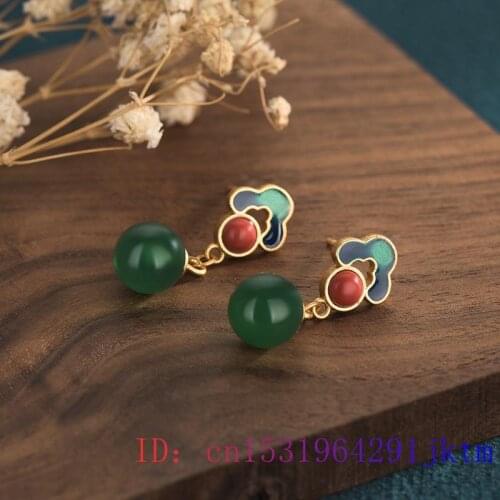 Green Jade Bead Ear Studs Chalcedony Zircon Jewelry Natural Gemstone Fashion Amulet Earrings Women Crystal 925 Silver Gifts