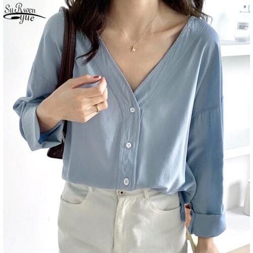 2020 Autumn New Loose V-neck Long-Sleeve Blouse Women Casual Plus Size Cotton Shirt for Women Solid Cardigan Ladies Tops 10524