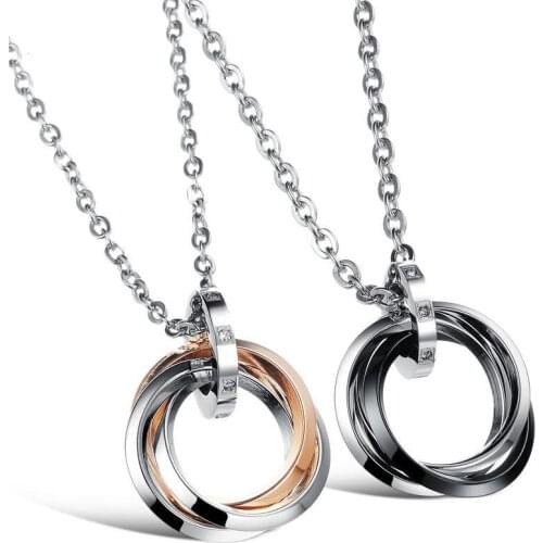 Korean Version Jewelry 2021 Trend Stainless Steel Couple Necklace 55CM 50CM New Zircon Three-Ring Type Womens Neck Chain