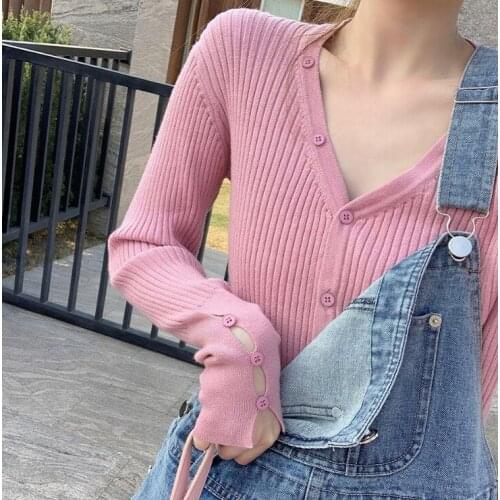 Womens Long Sleeve T-shirt Tops Slim Sexy Buttons Tops Casual V Neck Knitted Tops