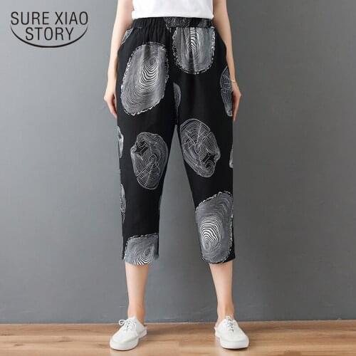Casual Linen Pants Womens Trousers 2020 Vintage Printed Polka Dot Pantalon Female Elastic Waist Turnip Pants Plus Size 8419 50