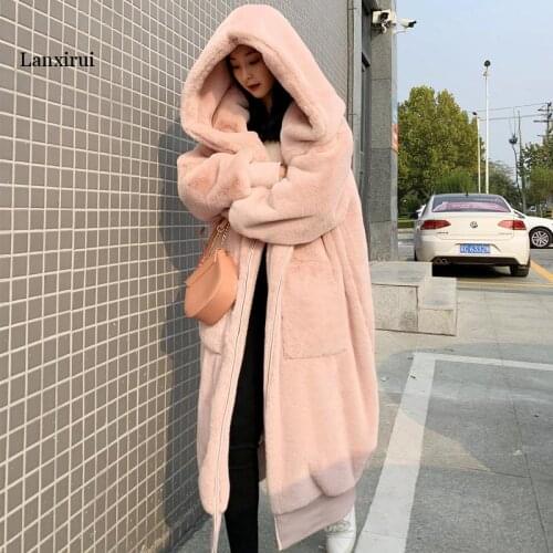 High Quality Hoodies Long Pink Faux Fur Coat Oversized Thicken Elegant Rabbit Fur Women Winter Coat Plus Size Female Plush Coats