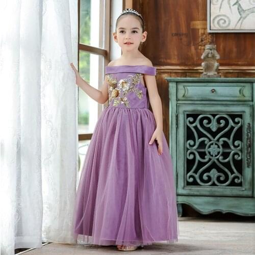 Girls 3-12Y Winter Autumn Shoulderless Ankle Length Birthday Dress Fashion Sequin Flower Ball Gown Costume Princess Girl Dresses