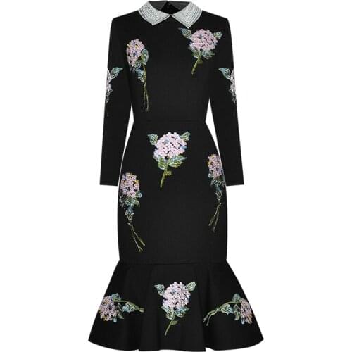 High Quality Spring Autumn New WomenS Diamond-Studded Pearl Beading Lapel Embroidery Stitching Fashion Vintage Mermaid Dress