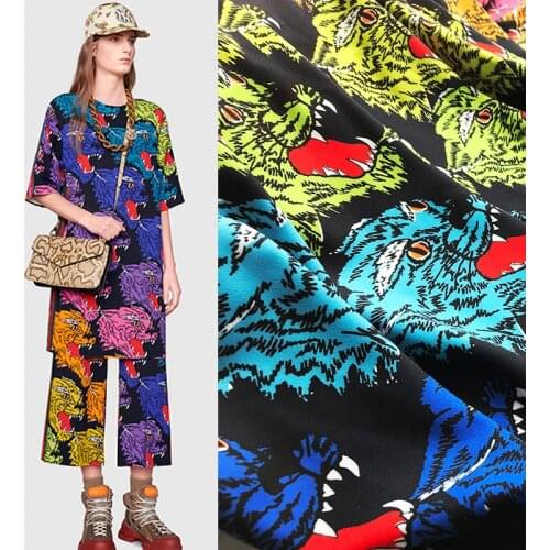 148x100cm Tiger Head Print Black Polyester Cady Linen Fabric for Woman Summer Dresses Skirts Blouse Pants Sewing DIY