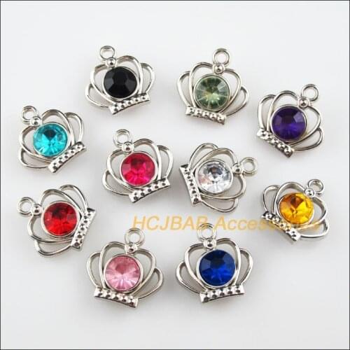 30 New Crown Charms Dull Silver Plated Mixed Crystal Pendants 19mm
