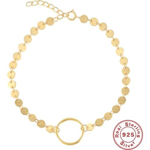 GS 925 Sterling Silver Fashion Women Gold Round Wafer Bracelet For Girls Friend Wife Daughter Gift Circle Sequins Bracelets