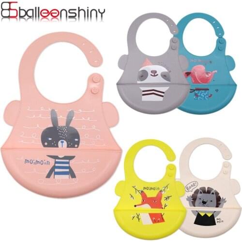 BalleenShiny Hot sale Child Silicone Bib 3D Cartoons Disposable Waterproof Eating Pocket Bib Panda Lion Foldable Adjustable Size