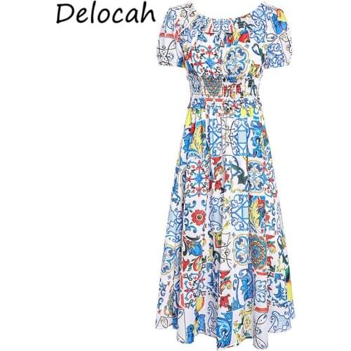 Delocah Women Fashion Summer Designer Midi Dress Sexy Slash neck Ruffles Elastic Waist Printed Ladies Party A-Line Dresses 2021
