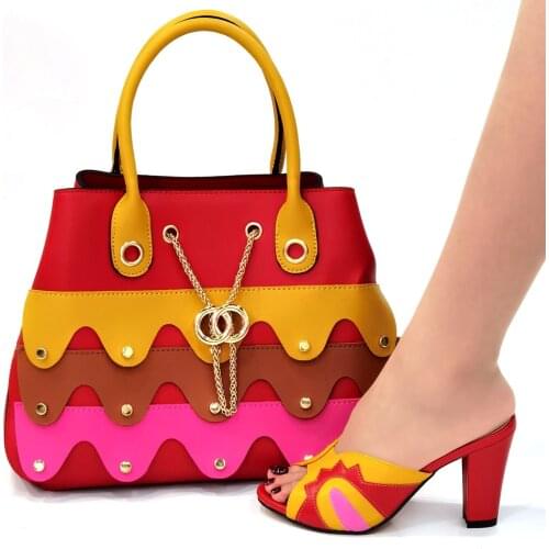Doershow New Arrival African Wedding Shoes and Bag Set red Color Italian Shoes with Matching Bags Nigerian lady party HJB1-33