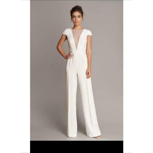 Elegant Jumpsuits Wedding Dresses Short Sleeve Sheer V Neck A Line Boho Beach Bohemian Bridal Gowns