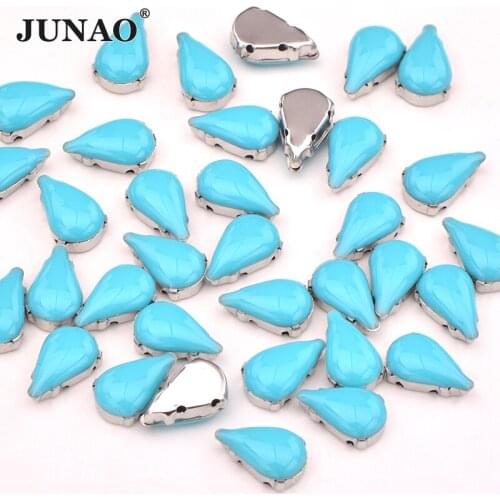 JUNAO 100pc 8*13mm Aqua Blue Sewing Claw Drops Rhinestone Silver Crystal Stone Applique Sewn Diamond Strass for Decoration