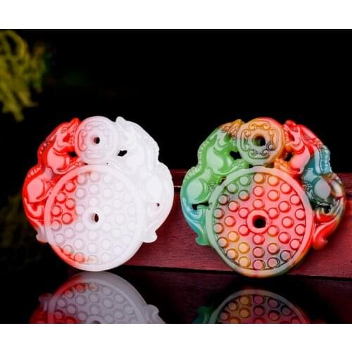 Chinese Natural Color Jade Pixiu Pendant Necklace Double-sided Hollow Carved Fashion Charm Jewelry Amulet for Men Women Gifts