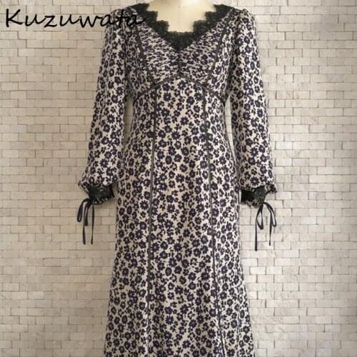 Kuzuwata New Chic Flower Print Lace Patchwork Dresses V Neck Slim Fit Women Dress 2021 Spring Autumn Mid Length Vestidos