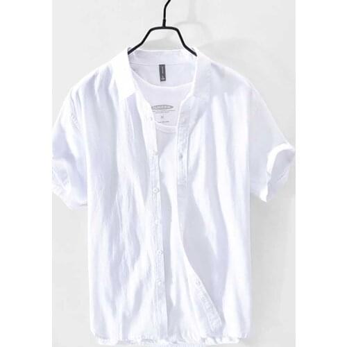 New Fashion Retro Solid Color Short Sleeve Shirts Men Casual Cotton Fabric Clothing