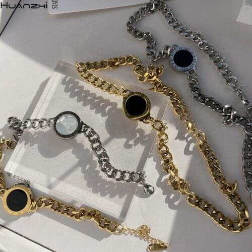 HUANZHI 2020 Hip Hop Black Round Pendants Golden Sliver Color Thick Chain Titanium Steel Exaggeration Necklace for Women Jewelry