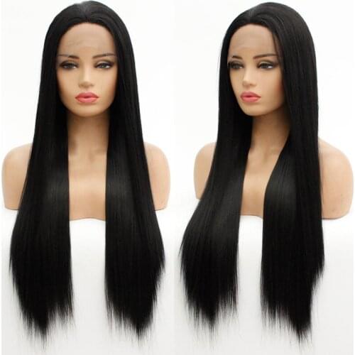 Black Silky Straight Synthetic Lace Front Wig Glueless Heat Resistant Fiber Hair Natural Hairline Free Parting For Women Wigs