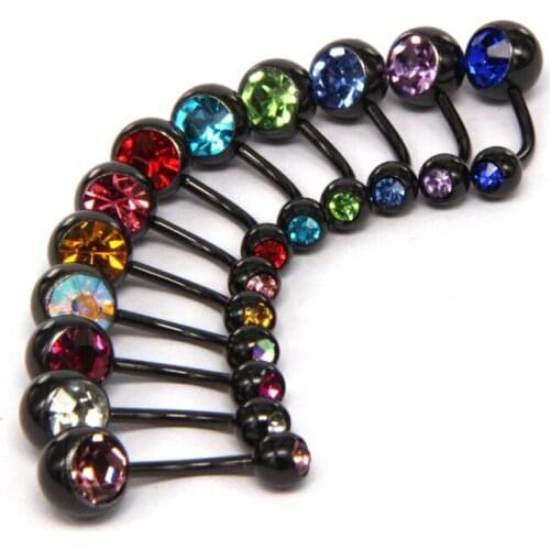 10PCS Steampunk Black Navel Piercing Multicolor Crystal Belly Button Rings Stainless Steel Body Piercing Jewelry