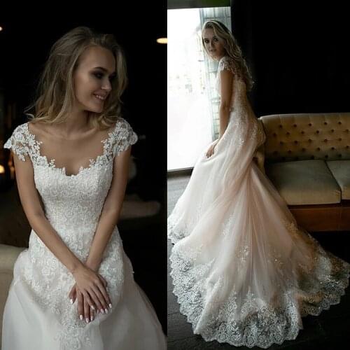 Make-to-Order Bridal Gowns vestidos Sheer Cap Sleeves Lace Applique A-line Dropped Waistline Nude Tulle Sexy Wedding Dress