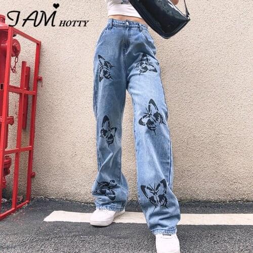 Butterfly Print Straight Jeans Women Casual Loose Wide Leg Boyfriend Mom Denim Outfits Streetwear Vintage Joggers Pants Iamhotty