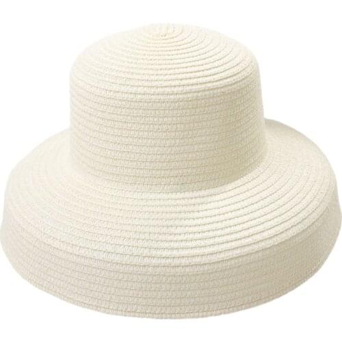 Women Summer Vintage Hepburn Straw Sun Hat Bell Shaped Wide Brim Solid Color UV Protection Travel Floppy Beach Cap with Chin