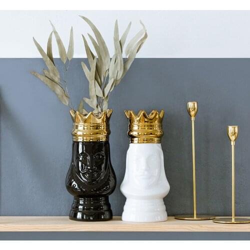 Nordic Crown Golden King Queen Face Creative Flower Arrangement Black And White Ceramic Crafts Decoration