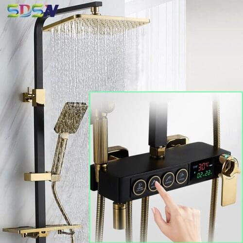 SDSN Thermostatic Shower Set of 12 Inch Rainfall Shower Head Quality Brass Bathroom Mixer Faucets Black Gold Digital Shower Set