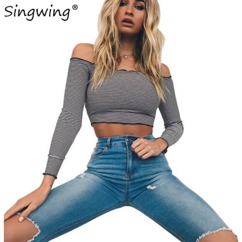 Singwing Autumn Women Long Sleeve Blouse Off the Shoulder Fashion Style Shirts Printed Striped O-neck Women Blouses Tops
