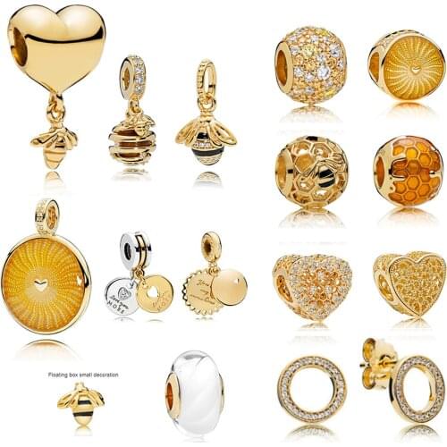 NEW 100% 925 Sterling Silver 1:1 Charm 18K Gold Bee Honeycomb Honey Temperament Sunshine Beaded Pendant Heart Shaped Women