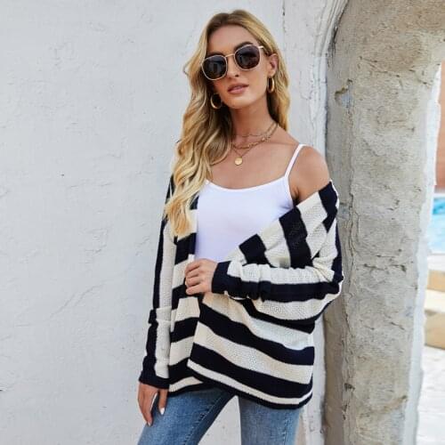 New Cardigan Coat Womens Bohemian Batwing Sleeve Striped Sweater Y2k Tops Cashmere Casual Sweater Jacket Chic Fashion 2021 Women