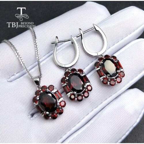 TBJ,natural good red color mozambique garnet gemstone jewelry set in 925 sterling silver nice special pendant earring for women