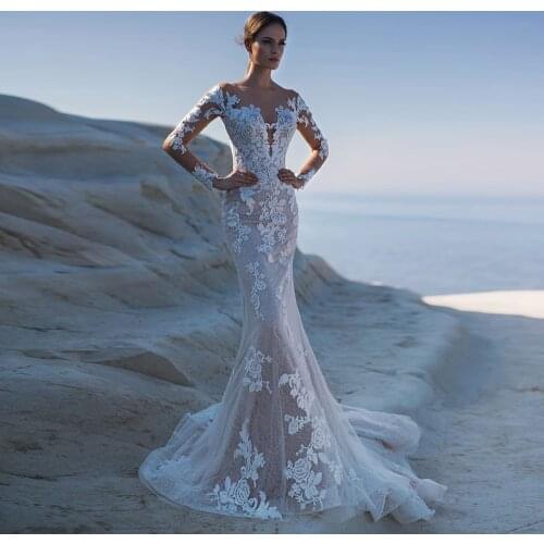 2021 Hot Wedding Dress Sexy Robe De Mariee Scoop Neck Long Sleeves Glitter Lace Appliqued Mermaid Bridal Gown