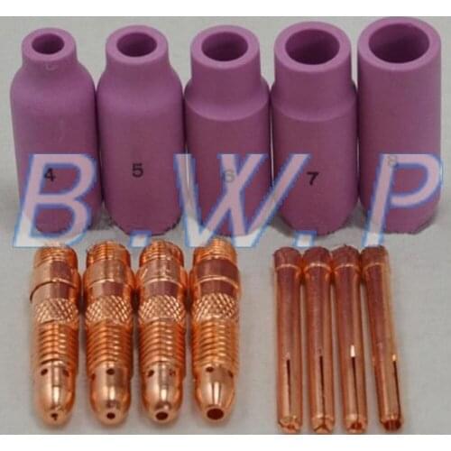 0.04"-1/8" 1.0mm-3.2mm TIG Welding Tips Collet Collet Bodies With Alumina Cup Nozzle Fit WP-17 18 SR 26 Series, 13Pcs
