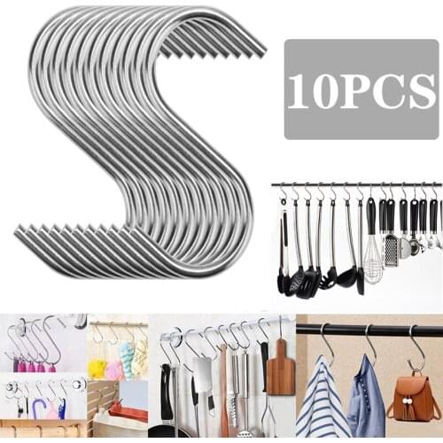 10Pcs S Shaped Hooks Clasp Stainless Steel Kitchen Spoon Pan Pot Utensils Hanging Storage Hook for Home Organizer Holder Tools