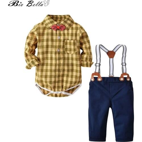 Baby Boy Suits Kids Baby Boys Plaid Print Long Sleeve Shirt +Suspender Pant+Bow Tie Suit Gentle Boy Outfits 2Pcs/Set