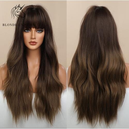 BLONDE UNICORN Long Wavy Synthetic Hair Wigs Ombre Dark Brown with Bangs For Black White Women Heat Resistant Fiber Daily Wig