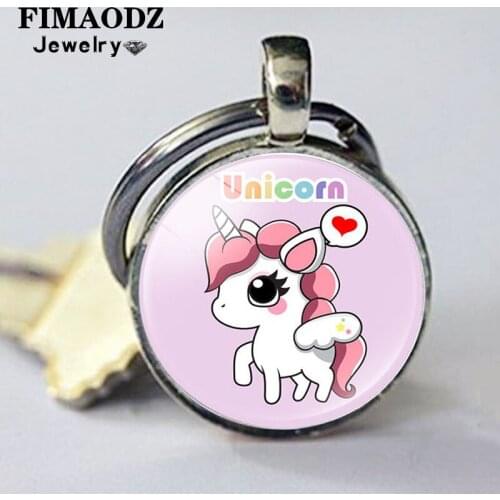FIMAODZ New Rainbow Unicorn Horse Keychain Cartoon Animal Picture Glass Crystal Pendant Key Chain Kids Girls Trendy Jewelry