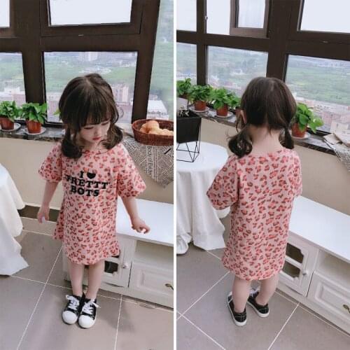 Childrens Clothing Summer Baby Girls Pink Leopard Print Short Sleeve Dress Cute Princess Dresses Kids Costume