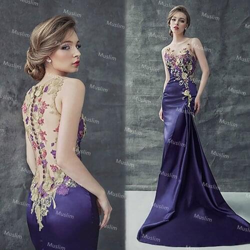 Purple Satin Mermaid Evening Dress 2021 See Through Back Floral Lace African Prom Dresses Long Women Night Party Maxi Dress