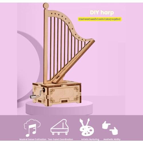 DIY Handmade Toys 3D Wooden Puzzle Game Harp Model Music Box Assembly Popular Gift for Children Adult Christmas Birthday