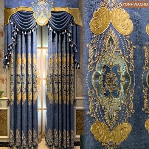 Custom curtain luxury living room chenille water-soluble embroidery flower blue cloth blackout curtain valance tulle drape C815