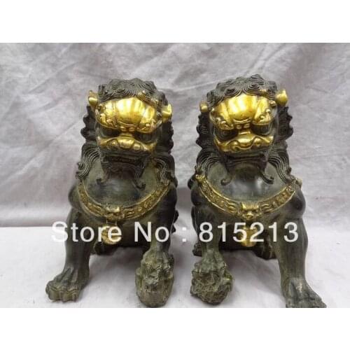 Wang 000267 9" China Sculpture Bronze Gilt Wealth FengShui Foo Fu Dog Lion Ball Statue Pair