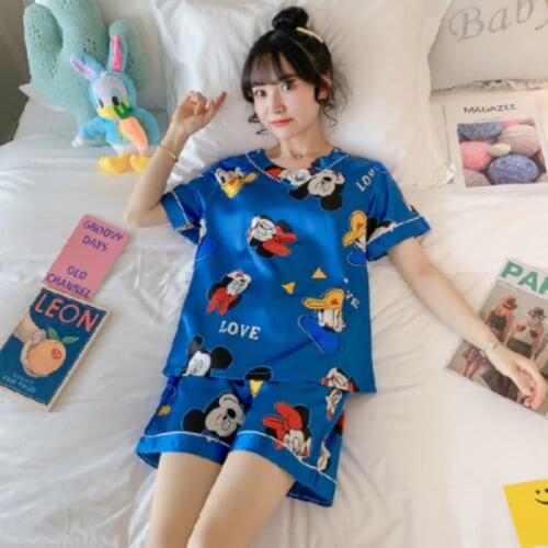 Disney M-5XL Big Size Ice Silk Pyjama Sets Summer 2021 V-neck Top and Shorts Set for Women Loose Soft Pyjama Satin Femme Suit